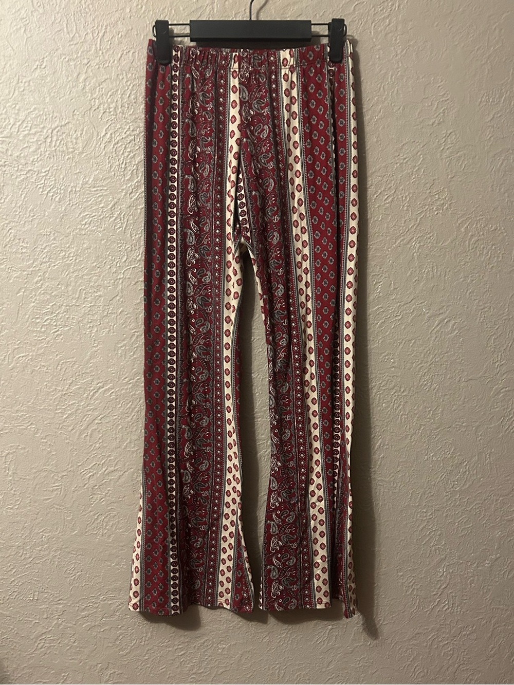Vibe Burgundy and Cream Paisley Stripe Wide-Leg Pants